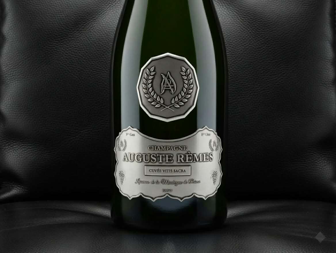 Champagne bottle finished with a hand-cast pewter label